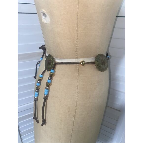 Vintage Leather & Brass Conchas/Arrowheads & Beads Boho Western Belt One Size - Picture 2 of 7